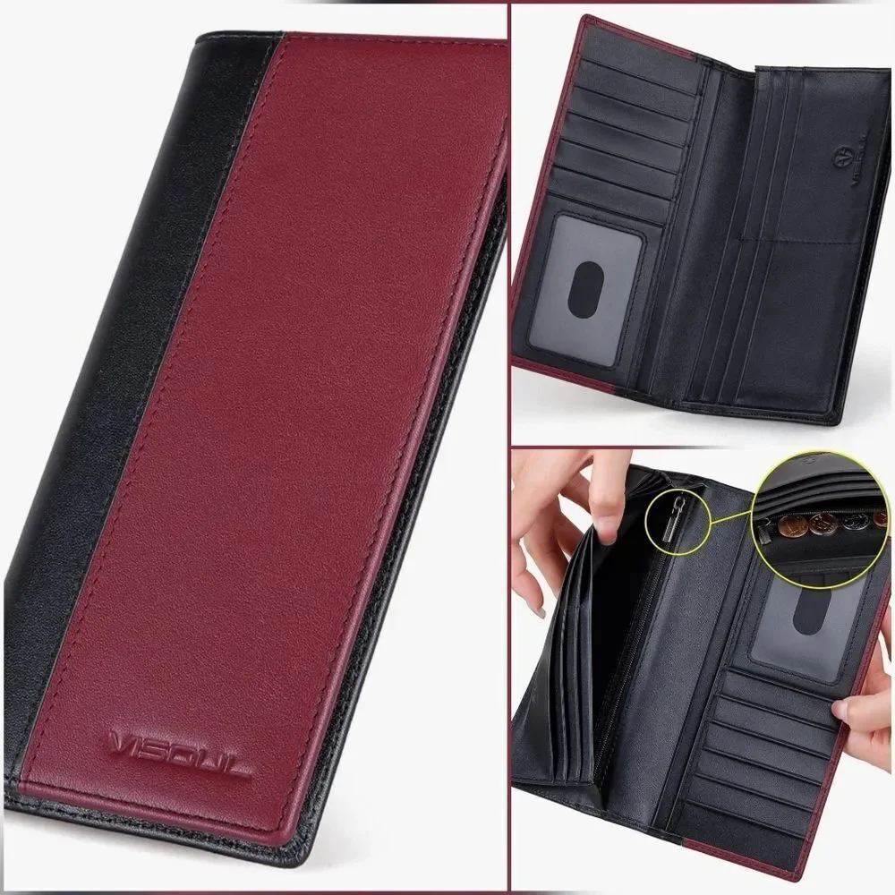🩵⏭️NIB Black & Burgundy Italian Leather RFID Blocking Long Bi-Fold Wallet